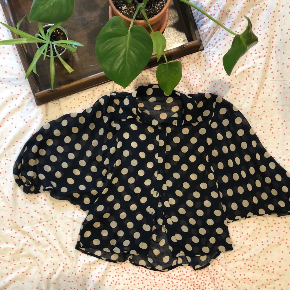 Sheer/navy blue polka dot blouse